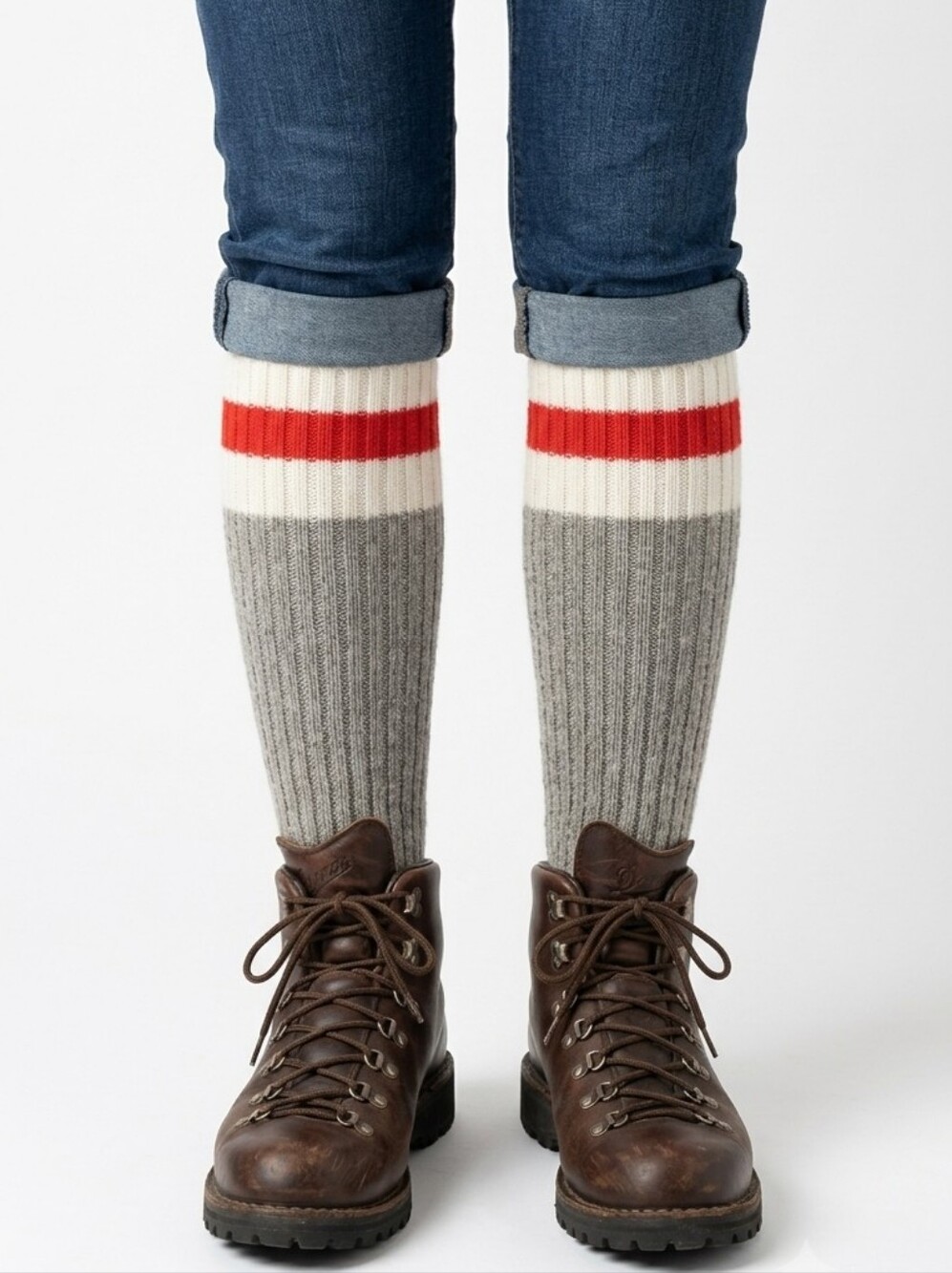 Wool Blend Knee-High Socks with Red Stripe - Gray/White